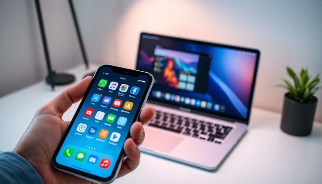 A close-up view of a modern smartphone screen mirroring onto a sleek laptop display, displaying clear icons and vibrant colors. In the foreground, the smartphone is held in a steady, professional hand, highlighting the connection stability features. The middle ground shows the laptop's screen reflecting the smartphone, with a seamless interface experience. The background features a softly lit workspace, with a neutral color palette and minimalistic desk setup that enhances focus on the devices. Soft ambient lighting creates a calm, tech-savvy atmosphere, emphasizing the importance of connectivity. The angle is slightly tilted to capture both devices clearly, ensuring a dynamic yet professional composition.