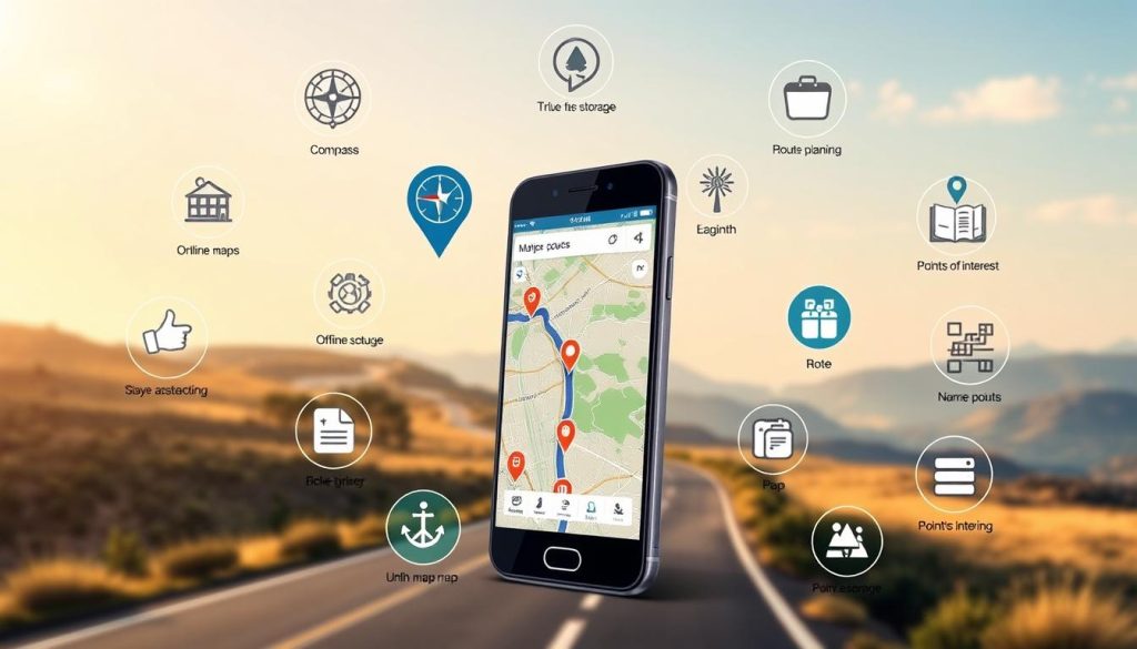 A detailed and visually engaging illustration showcasing various features and functionalities of offline GPS navigation apps. In the foreground, display a smartphone with a vibrant map on its screen, emphasizing key elements like a blue navigation route and location pins. Surrounding the phone, include icons representing essential app features – such as a compass, offline map storage, route planning, and points of interest. In the middle ground, depict a serene landscape with winding roads and scenic views, hinting at the adventure enabled by these apps. The background should feature a clear sky with soft, natural lighting to create an inviting atmosphere. Use a slightly elevated angle to give perspective, focusing on the smartphone while subtly incorporating the outdoors to evoke a sense of exploration and connectivity even without Internet access. A detailed and visually engaging illustration showcasing various features and functionalities of offline GPS navigation apps. In the foreground, display a smartphone with a vibrant map on its screen, emphasizing key elements like a blue navigation route and location pins. Surrounding the phone, include icons representing essential app features – such as a compass, offline map storage, route planning, and points of interest. In the middle ground, depict a serene landscape with winding roads and scenic views, hinting at the adventure enabled by these apps. The background should feature a clear sky with soft, natural lighting to create an inviting atmosphere. Use a slightly elevated angle to give perspective, focusing on the smartphone while subtly incorporating the outdoors to evoke a sense of exploration and connectivity even without Internet access.