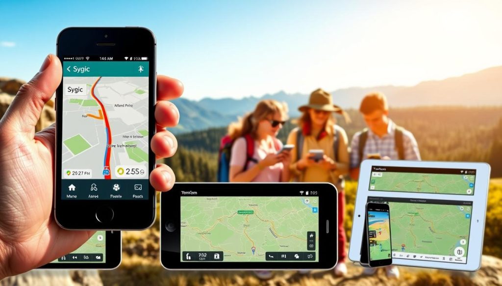 A detailed collage of various offline GPS navigation applications displayed on multiple smartphones and tablets. In the foreground, a close-up view of a smartphone screen shows the Sygic app with a clear map interface and route highlighted. To the side, another device features the TomTom app, emphasizing its unique navigation features. In the middle ground, a group of tourists are engaged with their devices, dressed in casual outdoor attire, looking at the maps. In the background, a scenic landscape of mountains and forests enhances the theme of exploration without internet connectivity. The lighting should be bright and inviting, with a focus on the vivid colors of the map interfaces, creating a sense of adventure and confidence in navigating offline. A detailed collage of various offline GPS navigation applications displayed on multiple smartphones and tablets. In the foreground, a close-up view of a smartphone screen shows the Sygic app with a clear map interface and route highlighted. To the side, another device features the TomTom app, emphasizing its unique navigation features. In the middle ground, a group of tourists are engaged with their devices, dressed in casual outdoor attire, looking at the maps. In the background, a scenic landscape of mountains and forests enhances the theme of exploration without internet connectivity. The lighting should be bright and inviting, with a focus on the vivid colors of the map interfaces, creating a sense of adventure and confidence in navigating offline.