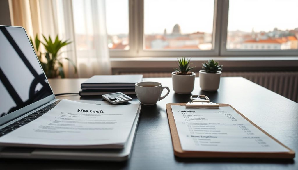 A detailed desk scene depicting the costs associated with obtaining a digital nomad visa in Portugal. In the foreground, a neatly organized workspace featuring a laptop displaying an open document titled "Visa Costs," alongside a calculator, a stack of euro bills, and a clipboard with a checklist of fees. The middle layer includes a cup of coffee and a small potted plant, adding a touch of coziness. The background showcases a softly lit room with a window allowing gentle sunlight to brighten the space, highlighting an inspiring view of Lisbon’s skyline. The mood is professional yet inviting, emphasizing focus and clarity in the financial planning process for prospective visa applicants. Capture the image with a slightly angled perspective, enhancing depth and engagement. A detailed desk scene depicting the costs associated with obtaining a digital nomad visa in Portugal. In the foreground, a neatly organized workspace featuring a laptop displaying an open document titled "Visa Costs," alongside a calculator, a stack of euro bills, and a clipboard with a checklist of fees. The middle layer includes a cup of coffee and a small potted plant, adding a touch of coziness. The background showcases a softly lit room with a window allowing gentle sunlight to brighten the space, highlighting an inspiring view of Lisbon’s skyline. The mood is professional yet inviting, emphasizing focus and clarity in the financial planning process for prospective visa applicants. Capture the image with a slightly angled perspective, enhancing depth and engagement.