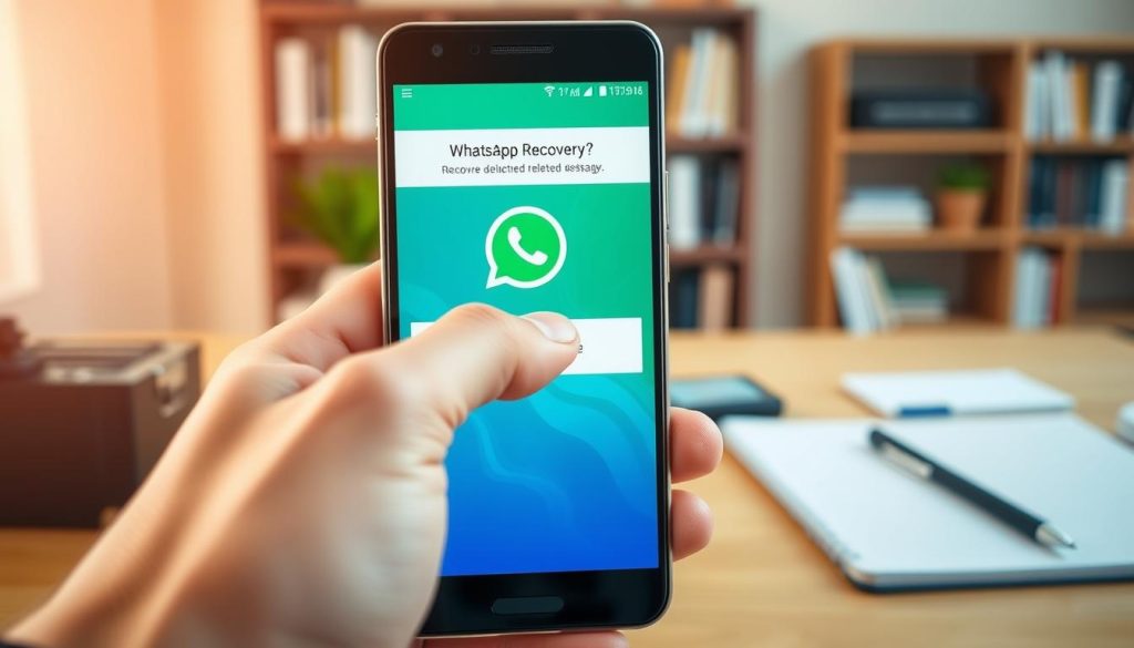 A detailed, visually engaging scene depicting a modern Android smartphone with a sleek user interface open to the WhatsApp backup recovery screen. In the foreground, focus on the phone displaying a vibrant, intuitive design with a prominent 'Restore' button. In the middle ground, include a hand gently touching the screen, emphasizing a professional and focused demeanor, wearing a smart casual outfit. In the background, subtly fade out an organized workspace with a laptop and notebook, representing a tech-savvy environment. Soft lighting creates a calm atmosphere, enhancing a sense of positivity and innovation, while a blurred bookshelf adds depth with hints of technology books, suggesting expertise in digital recovery methods. The overall mood is professional, informative, and hopeful, ideal for illustrating effective methods of recovering deleted messages.