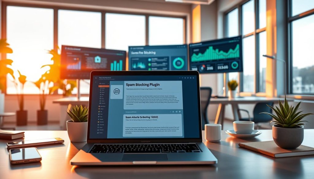 A digital representation of a modern workspace focused on spam blocking tools. In the foreground, a sleek laptop displaying a user-friendly spam-blocking plugin interface, surrounded by various tech gadgets like a smartphone and a notepad. In the middle, a vibrant office desk with a potted succulent, coffee cup, and a multi-screen setup highlighting graphical statistics on spam attacks being mitigated. In the background, large windows allow warm, natural light to flood in, casting soft shadows. The atmosphere is professional yet innovative, embodying a proactive approach to cybersecurity in a bright, clean environment. The overall mood conveys efficiency and effectiveness, emphasizing the importance of digital security in today's online landscape.
