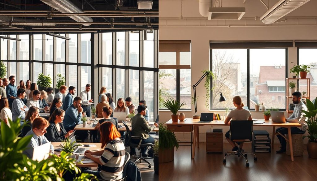 A dynamic office environment split into two distinct areas, showcasing the contrast between coworking and home office settings. In the foreground, a vibrant coworking space filled with diverse professionals in business attire, focused on their work, collaborating, and engaging with each other, surrounded by plants and modern decor to inspire productivity. In the middle section, a cozy home office featuring a professional in casual attire, sitting at a desk with natural light streaming through a window, surrounded by books and personal items, reflecting a calm, individualized work atmosphere. The background consists of a city skyline visible through large glass windows in the coworking space and a peaceful neighborhood view from the home office. The lighting is warm and inviting, creating a balanced mood of productivity and focus, captured with a slightly angled perspective to emphasize both environments.