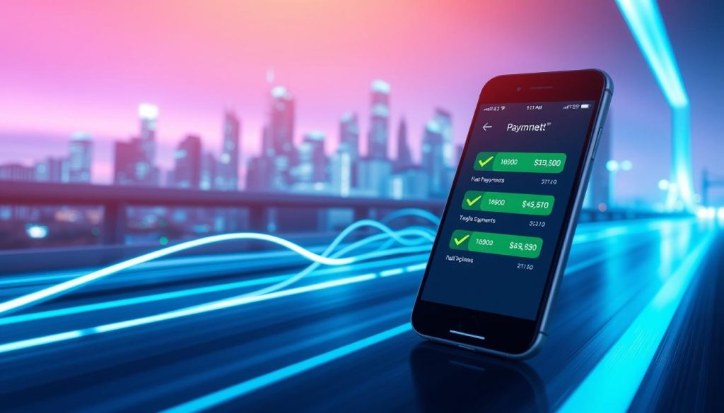 A dynamic scene showcasing the concept of "payment speed" in a modern financial context. In the foreground, a sleek digital wallet app interface on a smartphone, displaying fast payment confirmations with vibrant green checkmarks. In the middle, an abstract representation of data flow, using glowing lines and symbols indicating transactions, like arrows moving quickly. The background features a futuristic city skyline, illuminated by soft blue and purple lights that evoke a sense of reliability and innovation. The atmosphere should feel energetic yet professional, with bright yet balanced lighting to emphasize the digital elements. The overall composition should suggest trustworthiness and efficiency in financial transactions.
