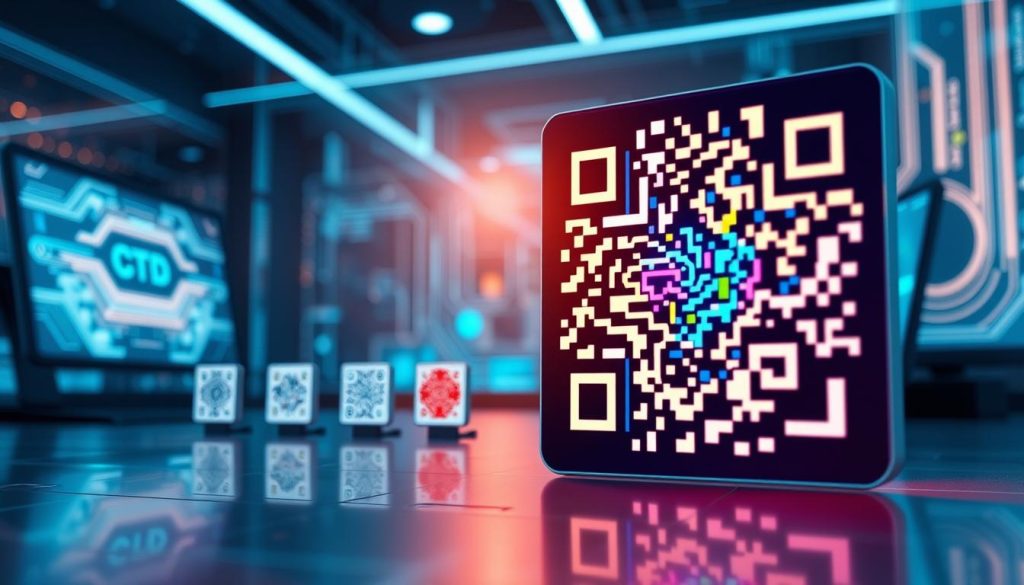 A dynamic, visually engaging illustration depicting the concept of "dynamic codes" such as QR codes. In the foreground, a close-up view of a vibrant, unique QR code, intricately designed with colorful patterns and gradients that evoke a sense of modern technology. In the middle ground, several smaller examples of static QR codes showcasing their simpler, monochromatic designs. The background is a sleek digital workspace, softly illuminated with cool, futuristic lighting, featuring abstract tech graphics like circuit patterns and digital interfaces. The overall atmosphere should feel innovative and professional, reflecting the evolution from static to dynamic coding, without any text or branding elements.