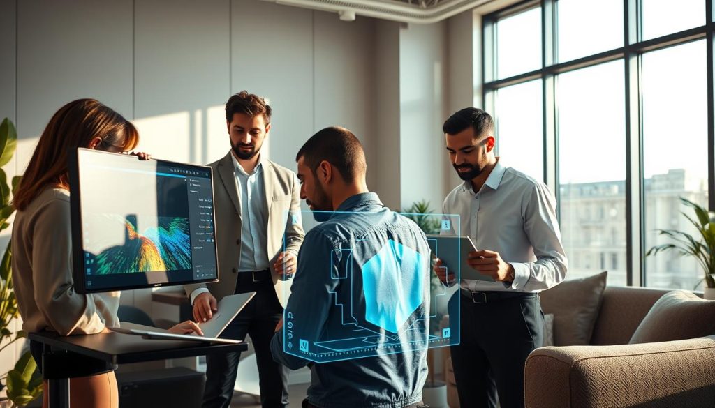 A futuristic workspace dedicated to AI photo editing, featuring a diverse group of three professionals: one woman and two men, dressed in smart casual attire, focused on their computer screens. In the foreground, one professional is analyzing a vibrant image on a high-resolution monitor, while another adjusts settings on a sleek tablet. The middle ground showcases innovative AI tools, including a digital assistant hologram providing real-time editing suggestions. In the background, large windows allow natural light to flood the room, creating a warm atmosphere. Soft shadows dance across the modern furniture, emphasizing a balance between technology and creativity. The overall mood is collaborative and innovative, capturing the essence of integrating AI into personal editing styles. A futuristic workspace dedicated to AI photo editing, featuring a diverse group of three professionals: one woman and two men, dressed in smart casual attire, focused on their computer screens. In the foreground, one professional is analyzing a vibrant image on a high-resolution monitor, while another adjusts settings on a sleek tablet. The middle ground showcases innovative AI tools, including a digital assistant hologram providing real-time editing suggestions. In the background, large windows allow natural light to flood the room, creating a warm atmosphere. Soft shadows dance across the modern furniture, emphasizing a balance between technology and creativity. The overall mood is collaborative and innovative, capturing the essence of integrating AI into personal editing styles.