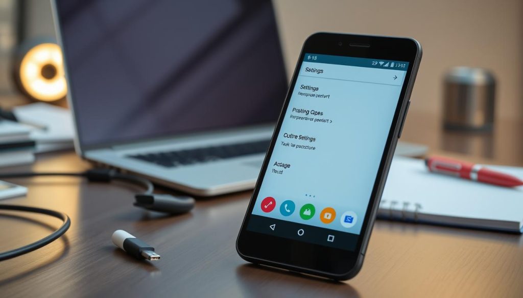 A modern Android smartphone displayed prominently in the foreground, showing a clean and sleek user interface with vibrant icons related to settings and formatting options. The background features a soft-focus tech environment, with tools like a USB cable, a laptop, and a notepad to evoke the idea of tech procedures. The lighting is soft yet bright, creating an inviting atmosphere, while the angle captures a slight diagonal view of the phone to emphasize its screen. The overall mood is professional and instructional, with a polished look that appeals to users interested in technology and mobile devices. No text or branding is visible in the image.