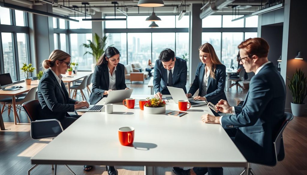 A modern coworking space bustling with professionals. In the foreground, a diverse group of four individuals, dressed in smart business attire, collaborates around a sleek, minimalist table, showcasing laptops, notebooks, and vibrant coffee mugs. In the middle, an open-plan layout exhibits various workstations with modern furniture, plants, and ambient lighting creating an inviting atmosphere. The background features large windows with natural light flooding in, offering a view of a city skyline. Soft shadows play on the floor, enhancing the focus on the engaged professionals. The scene should convey a sense of productivity and collaboration, emphasizing the positive work environment facilitated by shared spaces. The overall mood is energetic yet professional, with a bright color palette and clean lines to reflect a modern workplace.