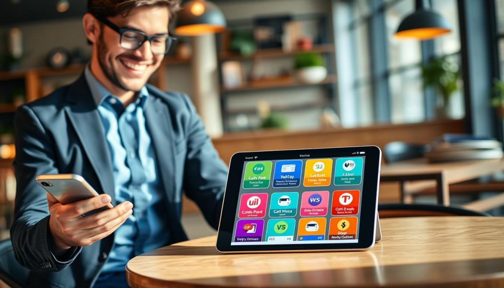 A modern digital wallet scene illustrating the concept of cashback. In the foreground, a stylish, professional individual, dressed in smart casual clothing, is joyfully examining their smartphone displaying cashback rewards. In the middle, a sleek tablet showcases various popular cashback applications, with vibrant icons and a user-friendly interface. Bright, friendly lighting enhances the warm and inviting atmosphere, emphasizing the theme of savings. In the background, a cozy, contemporary café setting with soft focus adds depth without distraction. The image should convey a sense of optimism and financial empowerment, emphasizing the idea of maximizing savings effortlessly. Use a wide-angle lens to capture the entire scene while maintaining sharp detail on the devices.