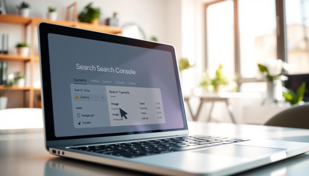 A modern, digital workspace showcasing a close-up view of a computer screen displaying the Google Search Console interface, specifically highlighting the "Search Type Filter" feature. The foreground features a sleek laptop with a focused cursor hovering over the filter options, enhancing clarity. In the middle, a sharp image of the Google Search Console filters appears, illustrating various types of search data, such as web, image, and video. The background showcases a bright, contemporary office setup with blurred shelves and plants, creating a vibrant, productive atmosphere. Soft, natural lighting illuminates the scene, casting gentle reflections on the laptop screen, while a slight depth of field keeps the focus on the relevant interface elements. The overall mood is professional and informative, inviting the viewer to engage with the digital tools of web analytics.