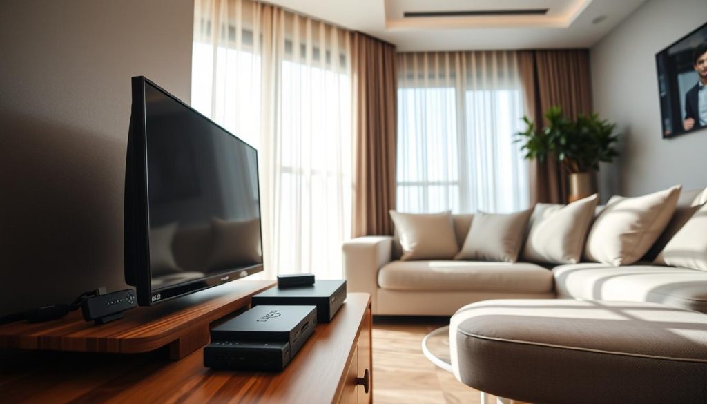 A modern living room showcasing an efficient installation setup for transforming an old TV into a Smart TV. In the foreground, a stylish wooden TV stand holds a sleek, vintage television with various modern devices like a streaming stick and a cable box neatly arranged. The middle ground features a comfortable couch with plush cushions, inviting viewers to enjoy the new setup. Behind, soft natural light filters through sheer curtains, creating a warm and welcoming atmosphere. The camera angle is slightly tilted down, focusing on the TV setup while capturing the cozy vibe of the living room. Emphasize a sense of innovation and practicality, with a clean, organized aesthetic that conveys the ease of installation.