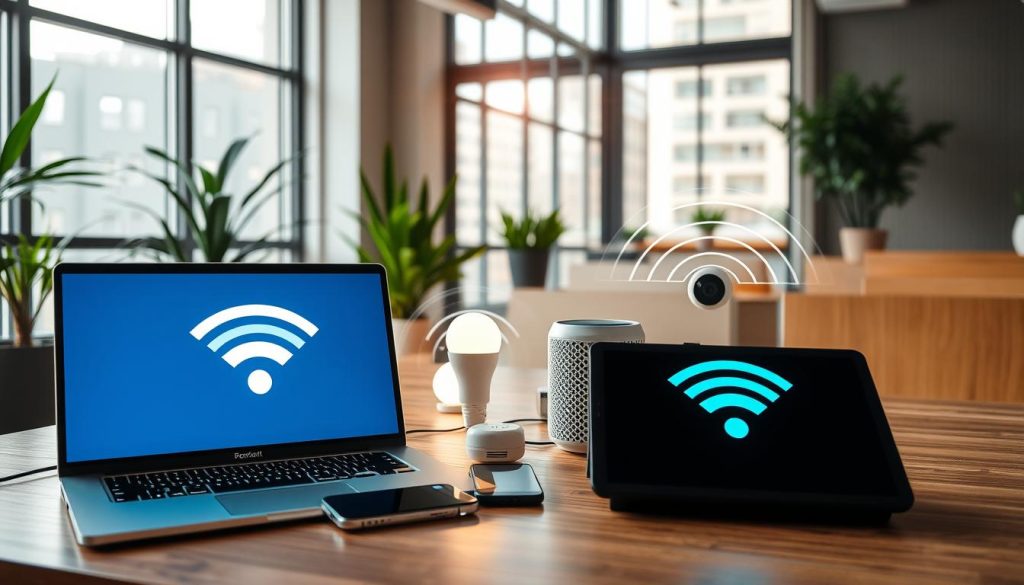 A modern office environment showcasing connected devices that represent the concept of an advanced digital infrastructure. In the foreground, a sleek laptop displays a vibrant Wi-Fi signal icon, with a smartphone and a smart speaker positioned nearby, all seamlessly communicating. The middle ground features various IoT devices like smart light bulbs and a home security camera, connected to a visible router emitting waves of connectivity. In the background, a minimalist design with a few potted plants and large windows allowing natural light streams in, creating a warm atmosphere. The composition is well-lit, emphasizing the technology, while maintaining a sense of professionalism. The angle is slightly above eye level, allowing for a dynamic view that captures the interconnectedness of the devices. A modern office environment showcasing connected devices that represent the concept of an advanced digital infrastructure. In the foreground, a sleek laptop displays a vibrant Wi-Fi signal icon, with a smartphone and a smart speaker positioned nearby, all seamlessly communicating. The middle ground features various IoT devices like smart light bulbs and a home security camera, connected to a visible router emitting waves of connectivity. In the background, a minimalist design with a few potted plants and large windows allowing natural light streams in, creating a warm atmosphere. The composition is well-lit, emphasizing the technology, while maintaining a sense of professionalism. The angle is slightly above eye level, allowing for a dynamic view that captures the interconnectedness of the devices.