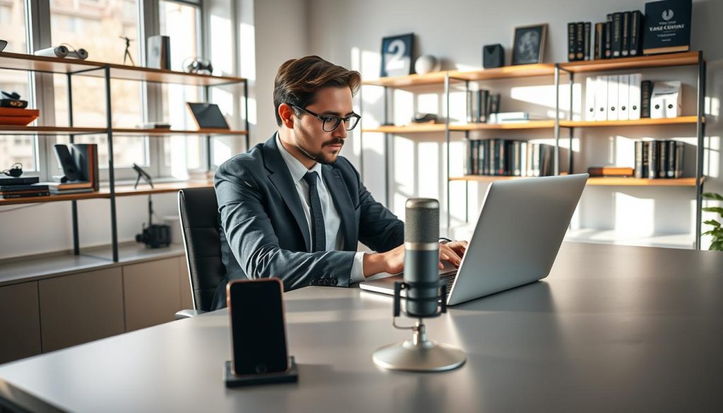 A modern office scene illustrating the concept of testing and configuring call recording software. In the foreground, a professional-looking individual in business attire is seated at a sleek desk, interacting with a laptop displaying a call recording application. They are focused and engaged, with a look of concentration. The middle ground features a smartphone and a high-quality microphone placed strategically on the desk, symbolizing the tools needed for recording. Natural light filters in through a window, casting soft shadows, enhancing the serene atmosphere. In the background, shelves lined with tech gadgets and books about communication create a professional ambiance. The overall mood is efficient and focused, conveying a sense of productivity in a contemporary work environment.