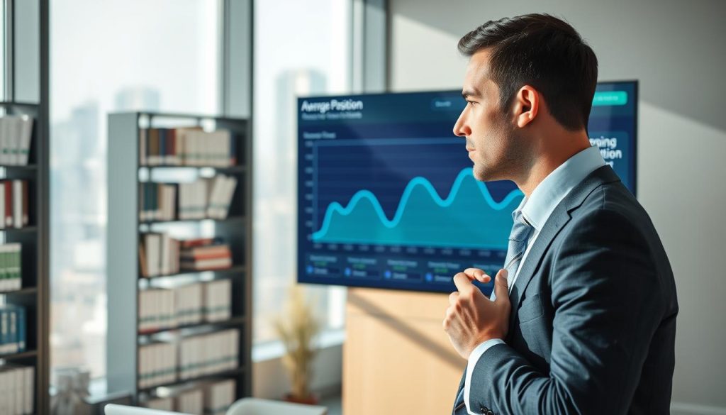 A modern office setting focusing on a digital performance dashboard displayed on a large screen. In the foreground, a professional individual in business attire is analyzing the data, with a thoughtful expression. In the middle, the dashboard features a prominent graph showing a fluctuating line, indicating the average position metrics, highlighted with soothing blue and green colors. In the background, there are bookshelves filled with business books and a window revealing a cityscape, suggesting a productive atmosphere. The lighting is bright and natural, casting soft shadows to create a welcoming environment. The overall mood is one of focus and professionalism, emphasizing the importance of understanding performance data.