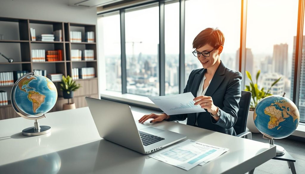 A modern office space showcasing a sleek desk with a laptop, open international bank account documents, and a globe prominently displayed. In the foreground, a professional woman with short hair is examining financial charts on her laptop, dressed in smart business attire. The middle ground includes shelves filled with financial books and a potted plant, adding a touch of life to the setting. In the background, large windows reveal a panoramic view of a bustling city skyline, bathed in natural daylight, creating an atmosphere of opportunity and sophistication. The lighting is bright and inviting, enhancing the feeling of professionalism and success. The image conveys the advantages of managing money internationally, with a focus on global connectivity and financial literacy.