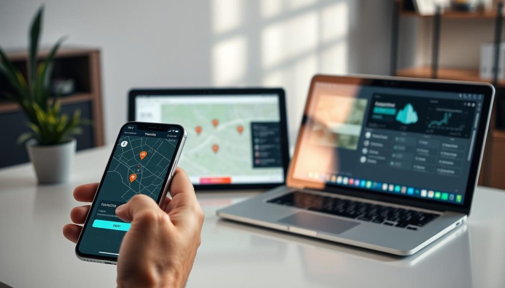 A modern tech workspace featuring multiple devices used for tracking: a smartphone displaying a tracking app, a tablet showcasing a map with location pins, and a laptop with a dashboard interface. In the foreground, a hand is interacting with the smartphone, while in the middle, the tablet and laptop are placed on a sleek desk. Soft, natural lighting illuminates the scene, highlighting the screens and their vibrant displays. The background includes subtle hints of a tidy office environment, such as a potted plant and a bookshelf. The mood is professional and innovative, conveying the idea of modern technology being utilized for security and tracking purposes.