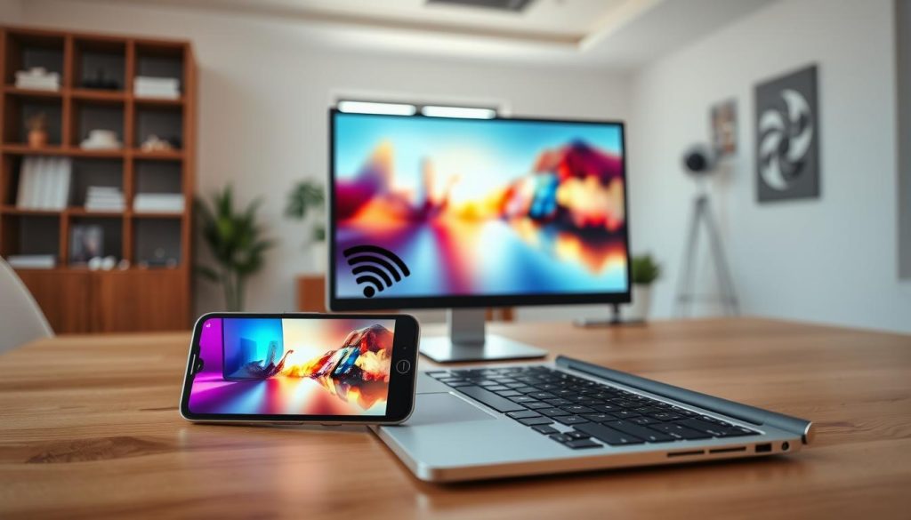 A modern workspace featuring a sleek laptop on a wooden desk, with a smartphone wirelessly mirroring its screen. In the foreground, the smartphone displays a vibrant interface connecting to a computer display, showcasing an app for screen mirroring. The middle ground captures the illuminated laptop screen, reflecting colorful visuals that suggest a seamless projection experience. In the background, a stylish, well-organized office environment with minimalistic decor, soft natural lighting pouring through a nearby window, creating an inviting atmosphere. The angle is slightly tilted to give a dynamic perspective, enhancing the tech-savvy feel of the scene. The mood is productive and contemporary, emphasizing the convenience of wireless technology in daily tasks.