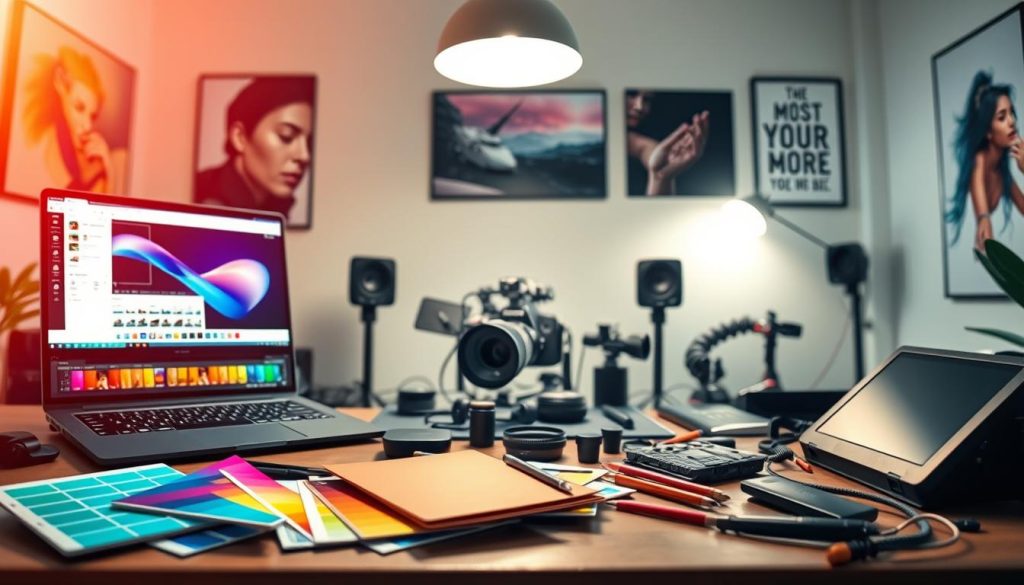 A modern workspace for photo editing, featuring an array of essential tools like a sleek laptop displaying powerful photo editing software, a high-resolution monitor, and graphic tablets. In the foreground, vibrant color palettes and editing gadgets are scattered creatively, showcasing a blend of technology and artistry. The middle showcases a well-organized desk with professional camera gear, lens, and accessories, framed by soft light from an overhead lamp, casting a warm glow. In the background, abstract art and motivational photography prints adorn the walls, enhancing the creative atmosphere. The scene conveys a sense of innovation and inspiration, perfectly capturing the essence of contemporary photo editing tools for modern photographers. A modern workspace for photo editing, featuring an array of essential tools like a sleek laptop displaying powerful photo editing software, a high-resolution monitor, and graphic tablets. In the foreground, vibrant color palettes and editing gadgets are scattered creatively, showcasing a blend of technology and artistry. The middle showcases a well-organized desk with professional camera gear, lens, and accessories, framed by soft light from an overhead lamp, casting a warm glow. In the background, abstract art and motivational photography prints adorn the walls, enhancing the creative atmosphere. The scene conveys a sense of innovation and inspiration, perfectly capturing the essence of contemporary photo editing tools for modern photographers.