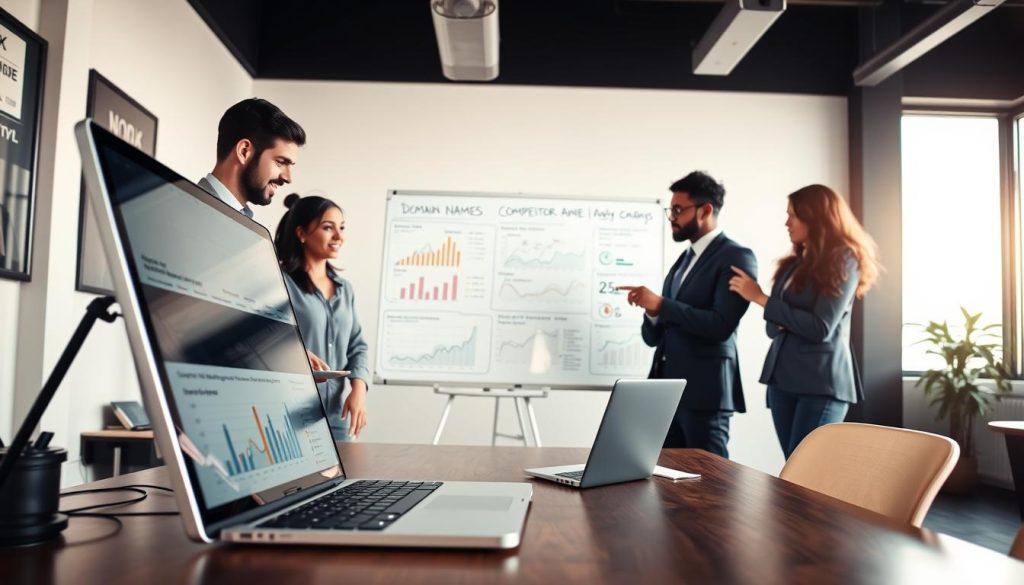 A professional business setting showcasing a computer desk with a modern laptop displaying a website analysis tool. In the foreground, a diverse group of three individuals in business attire—one looking intently at the screen, another taking notes, and the third pointing at the laptop—engaged in a discussion about domain names. In the middle ground, a whiteboard filled with charts and competitor analysis data, emphasizing a strategic approach to domain name selection. In the background, a large window allows natural light to flood in, creating a bright and focused atmosphere. Use a wide-angle lens to capture the collaborative spirit, with warm lighting to enhance the professional mood.