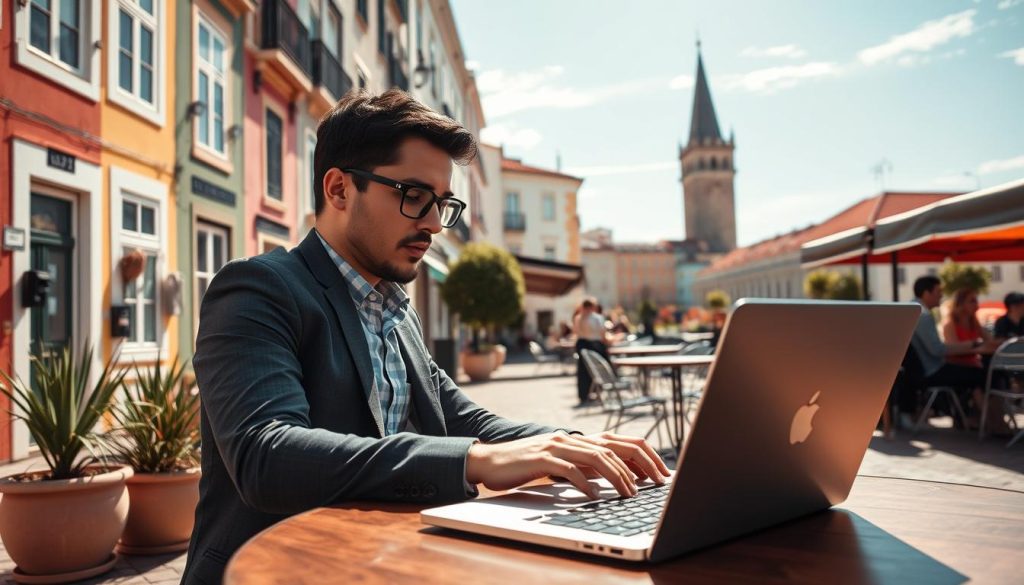 A professional digital nomad working on a laptop outdoors, set against a picturesque backdrop of a vibrant Lisbon street, featuring colorful buildings and traditional Portuguese tiles. In the foreground, the individual, dressed in smart casual attire, focuses intently on their laptop, embodying the essence of productivity on the go. The middle ground showcases a café terrace with plants and locals enjoying their day, adding authenticity to the scene. The background presents iconic landmarks like the Belem Tower under a bright blue sky, conveying a feeling of inspiration and adventure. Nature-inspired lighting casts a warm glow, enhancing the overall inviting and optimistic atmosphere of the digital nomad lifestyle. A professional digital nomad working on a laptop outdoors, set against a picturesque backdrop of a vibrant Lisbon street, featuring colorful buildings and traditional Portuguese tiles. In the foreground, the individual, dressed in smart casual attire, focuses intently on their laptop, embodying the essence of productivity on the go. The middle ground showcases a café terrace with plants and locals enjoying their day, adding authenticity to the scene. The background presents iconic landmarks like the Belem Tower under a bright blue sky, conveying a feeling of inspiration and adventure. Nature-inspired lighting casts a warm glow, enhancing the overall inviting and optimistic atmosphere of the digital nomad lifestyle.