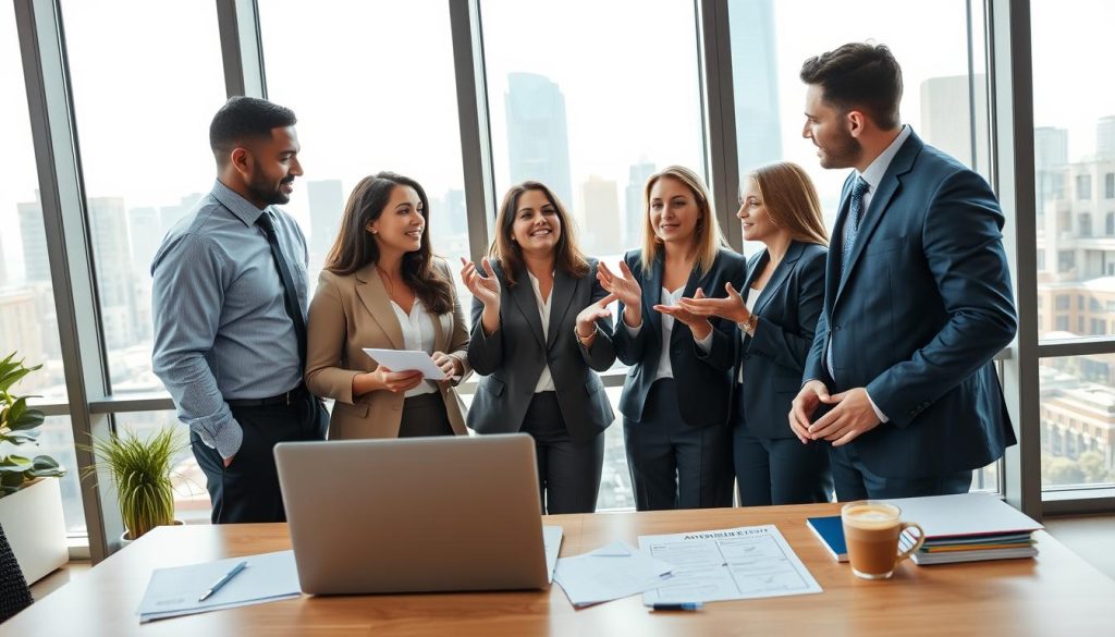 A professional office setting with a diverse group of people, both men and women, dressed in smart business attire, engaged in a discussion about opening an international bank account. In the foreground, a well-organized desk features a laptop, documents, and a cup of coffee. In the middle, the group is animatedly expressing ideas, emphasizing collaboration and professionalism. The background includes a large window showing a sunny day outside, with skyline views of a city, suggesting opportunity and growth. Soft, natural lighting fills the room, creating a warm and inviting atmosphere. The camera angle is slightly above eye level, capturing the subjects in a dynamic and engaging composition.