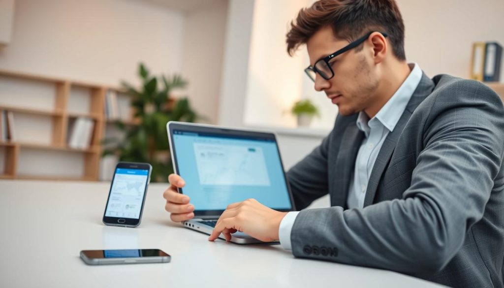 A professional setting depicting a person configuring a mobile tracking app on a laptop. The foreground features a focused individual in smart casual attire, seated at a desk, closely examining the laptop screen displaying the app interface. The middle layer shows a smartphone next to the laptop, showcasing the tracking app as well. In the background, a well-lit office space with soft lighting provides a clean, organized atmosphere, with a plant and bookshelves adding a touch of warmth. The angle captures a close-up shot of the laptop screen, emphasizing the app's functionality. The mood is productive and informative, aiming to convey clarity and guidance in the process of setting up a tracking app.