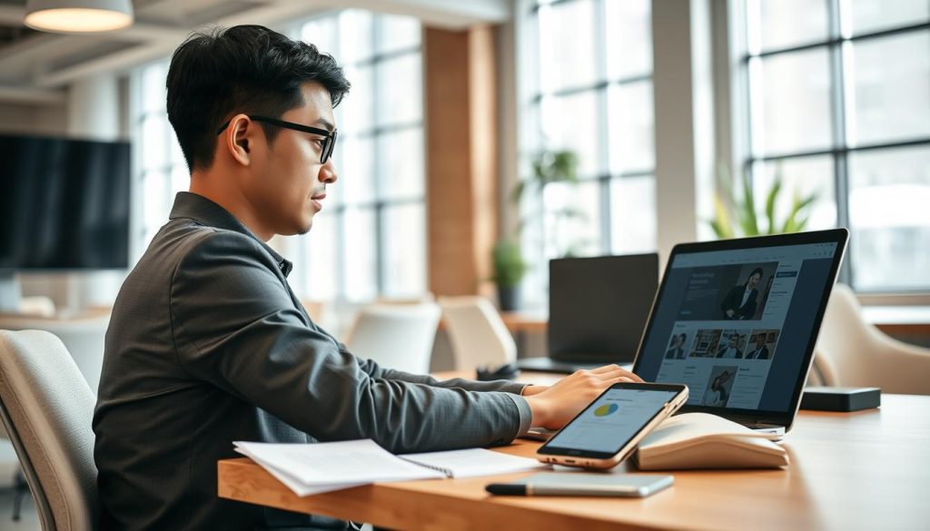 A professional user tester sitting at a desk in a modern workspace, focused on reviewing a website on a sleek laptop. The foreground features the user, a mid-30s Asian male in smart casual attire, actively engaging with the screen, displaying concentration and analysis. In the middle, there are various notes and a mobile device displaying user feedback forms, illustrating the testing process. The background shows a bright, airy office with large windows allowing natural light to flood in, contributing to a productive atmosphere. The lighting is soft but illuminating, creating a warm yet professional mood. The camera angle is slightly above eye level, capturing the scene in a way that emphasizes the user’s commitment to understanding their role as a screener in usability testing.