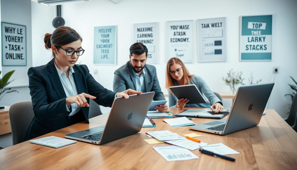 A professional workspace scene, featuring a diverse group of three individuals engaged in strategic discussions about maximizing online earnings through microtasks. In the foreground, a focused woman in smart business attire is pointing at a laptop screen displaying financial graphs. The middle ground shows a man and a woman brainstorming with notebooks and digital devices scattered around a sleek wooden table, surrounded by post-it notes and printouts of task strategies. In the background, a bright, modern office with large windows allows natural light to stream in, illuminating motivational posters about productivity. The atmosphere conveys collaboration, innovation, and a sense of determination to succeed in the online task economy. The angle captures the intensity of their discussions, while keeping a professional tone throughout the image.