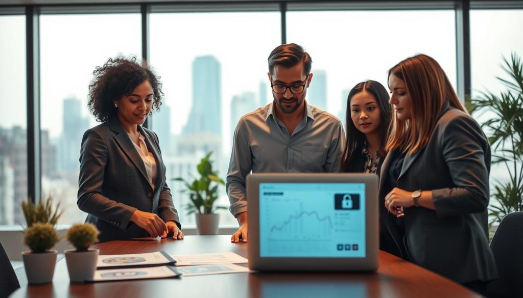 A serene office environment focused on user privacy and data security. In the foreground, a diverse group of three professionals—one woman with curly hair in a smart blazer, a man with glasses in a button-up shirt, and a woman with straight hair in casual business attire—are discussing a digital device displaying security analytics. The middle layer showcases a modern desk with a laptop, documents with security icons, and potted plants, indicating a calm atmosphere. In the background, a soft-focus view of city skyscrapers through a large window, suggesting connectivity and technology. The lighting is warm and inviting, with the glow from the laptop screen casting a gentle hue, creating a mood of focus and professionalism. The angle is slightly tilted downward towards the group, drawing the viewer into the scene of collaboration around data security.