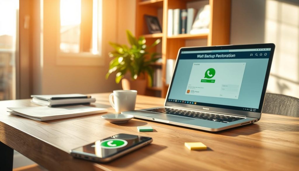 A serene office workspace illuminated by warm, natural light filtering through a window. In the foreground, a laptop is open, displaying a backup restoration interface. Beside it, a smartphone with the WhatsApp logo visible and a small stack of printed documents. In the middle ground, a coffee cup and a few colorful sticky notes scattered around add a touch of creativity. The background features a bookshelf with tech-related books and a potted plant, creating a cozy yet professional atmosphere. The scene has a calm and focused mood, suggesting productivity and the importance of data recovery. Capture this image at a slightly elevated angle to emphasize the workspace's organized nature.
