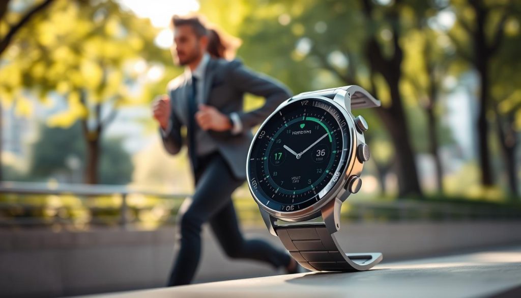 A sleek Huawei smartwatch is prominently displayed in the foreground, showcasing its modern design with an active health monitoring interface visible on the screen. Soft, ambient lighting highlights the watch's metallic finish and vibrant display. In the middle ground, a person (wearing professional business attire) is using the watch while engaging in a fitness activity, like jogging or stretching, suggesting an active lifestyle. The background features a blurred urban park setting with greenery and sunlight filtering through the trees, conveying a sense of health and vitality. The composition captures a dynamic yet calm atmosphere, emphasizing the watch's advanced features for health monitoring. The angle is slightly elevated, focusing on both the watch and the engaged individual as they integrate technology into their fitness routine.