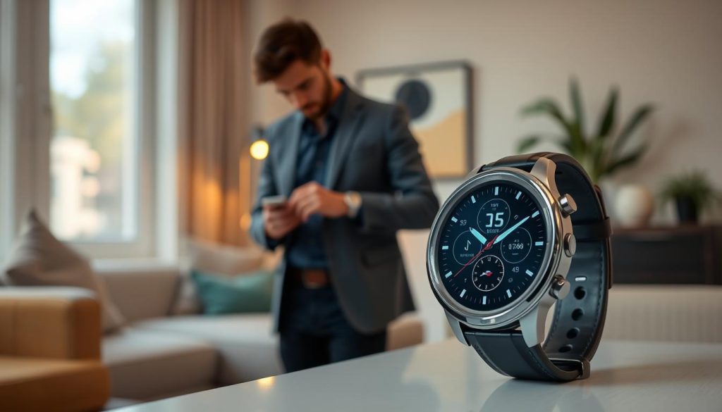 A sleek Samsung Galaxy smartwatch displayed prominently in the foreground, showcasing its modern design with a vibrant, high-resolution display. The screen highlights various fitness metrics, emphasizing its advanced technical features. In the middle ground, a subtle blurred representation of a tech-savvy individual, dressed in a smart casual outfit, is interacting with the watch, exuding an image of productivity and modern lifestyle. The background features a soft-focus home or office setting with contemporary furnishings and ambient lighting, creating a warm and inviting atmosphere. Natural light filters through a nearby window, enhancing the watch's metallic finish and emphasizing its elegance. The overall mood is innovative and inspiring, capturing the essence of cutting-edge technology in everyday life.