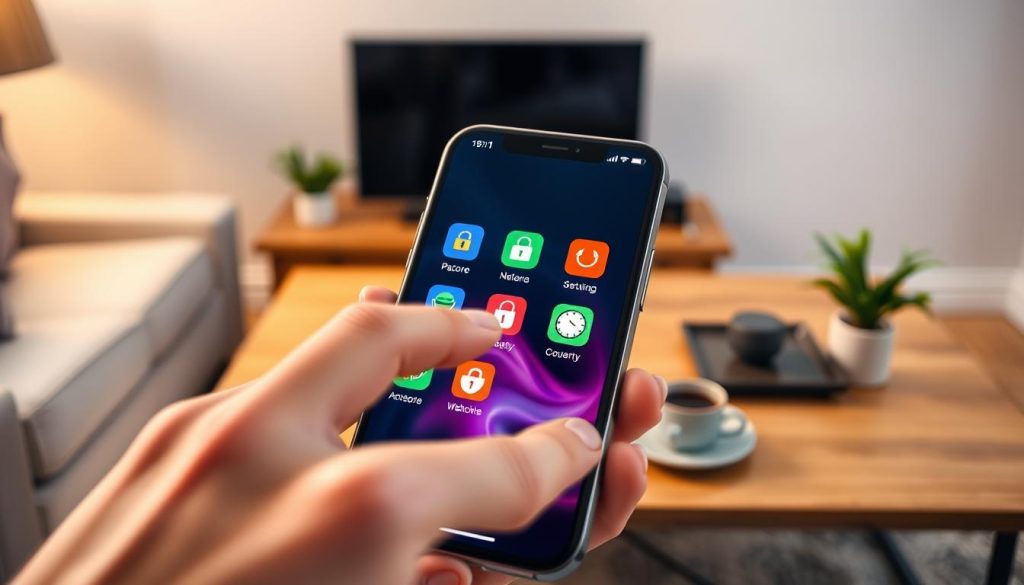 A sleek and modern smartphone screen displaying a collection of third-party app icons designed for app locking, set in a cozy, well-lit living room. The foreground features a hand reaching towards the screen, suggesting interaction. In the middle, the phone’s interface showcases colorful and intuitive icons like a padlock, shield, and timer, indicating security features. The background includes a stylish wooden coffee table with subtle decor, like a coffee cup or a plant, creating a homely atmosphere. The room is softly lit by warm light, enhancing the sense of safety and privacy. Capture the mood of technological empowerment and modern convenience, using a shallow depth of field to focus on the phone while gently blurring the background elements.