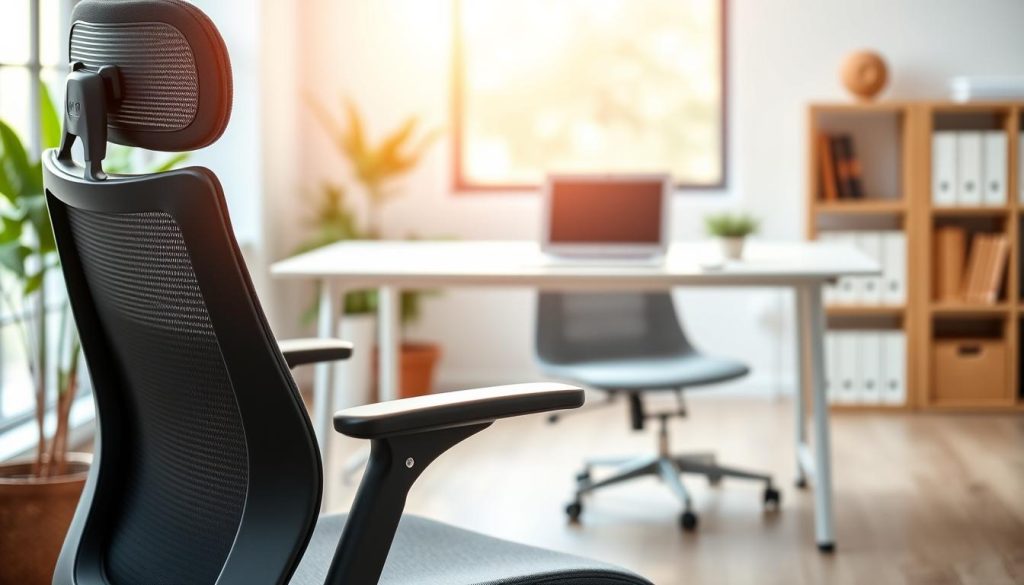 A sleek ergonomic chair occupies the foreground, designed with adjustable lumbar support and armrests, showcasing a modern, minimalist aesthetic. The chair is upholstered in breathable fabric and features a stylish mesh back for a professional look. In the middle ground, a simple, elegant desk and laptop complement the scene, emphasizing a productive workspace. Soft, natural light filters through a nearby window, creating a warm and inviting atmosphere. In the background, a blurred office setting with plants and bookshelves enhances the focus on the chair. Capture the image from a slightly elevated angle, highlighting the chair’s contours and ergonomic details. The overall mood is one of comfort and professionalism, perfect for promoting a healthy work environment.