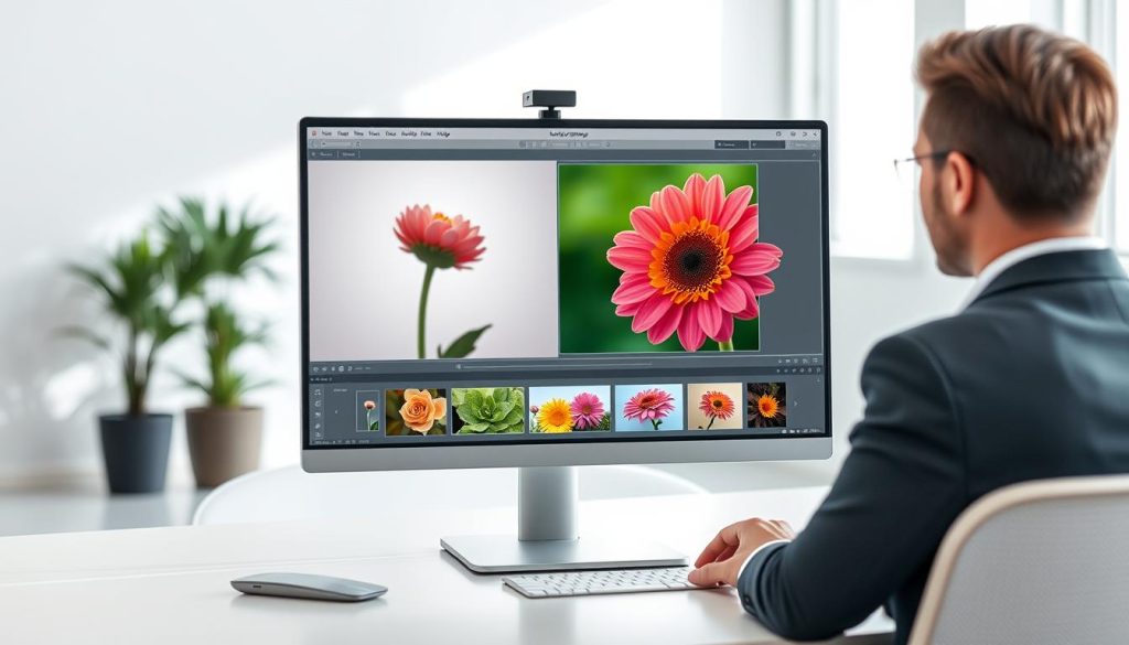 A sleek, minimalist office workspace featuring a computer screen displaying an image editing software interface where a user is effortlessly removing the background from a colorful image of a flower. In the foreground, a well-dressed professional is focused on the screen, using a mouse with ease. The middle ground contains a few vibrant images of various subjects that showcase the versatility of AI background removal tools. The background features soft-focus elements of a bright, modern office with muted colors, and natural light streaming through large windows, creating a productive atmosphere. Overall, the image conveys a sense of innovation, efficiency, and the benefits of utilizing AI technology in image editing.