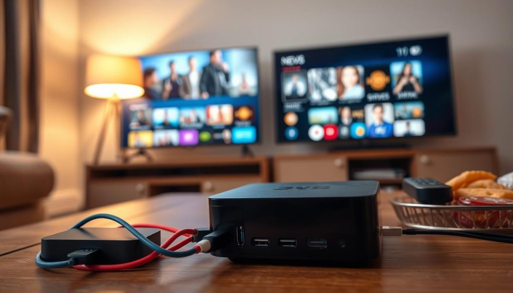 A sleek, modern TV box nestled next to a traditional television set, illustrating the transformation from old to smart. In the foreground, the TV box is connected with colorful cables, showcasing its compact design and various ports. The middle ground reveals the aging television displaying a vibrant streaming interface, with shows and movies available at a glance. The background features a cozy living room environment, with warm ambient lighting emanating from a lamp, enhancing the inviting atmosphere. Soft focus on a stylish coffee table adorned with a remote and snacks adds a homey touch. The scene conveys a sense of excitement and innovation, highlighting the evolution of entertainment in a comfortable setting.