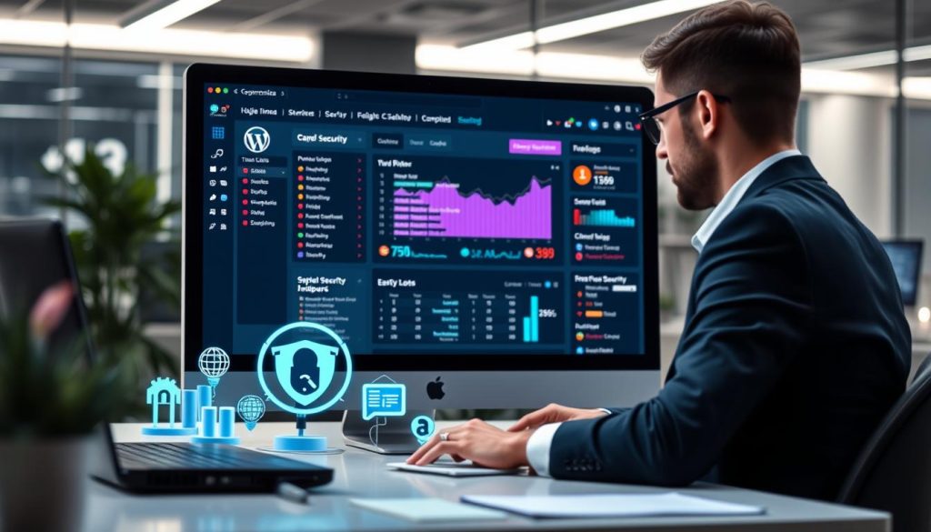 A sleek, modern digital workspace showcasing a computer screen displaying a WordPress security dashboard. In the foreground, a professional wearing business attire is focused on analyzing security logs, with clear graphs and alerts visible on the screen. The middle ground includes cybersecurity icons and plugins arranged artistically, representing various free security tools for WordPress. The background features a high-tech office environment with soft, ambient lighting that creates a calm yet intense atmosphere. Use a shallow depth of field to emphasize the foreground details while subtly blurring the background elements. The overall mood should be one of vigilance and professionalism, reflecting the importance of security in the digital realm.