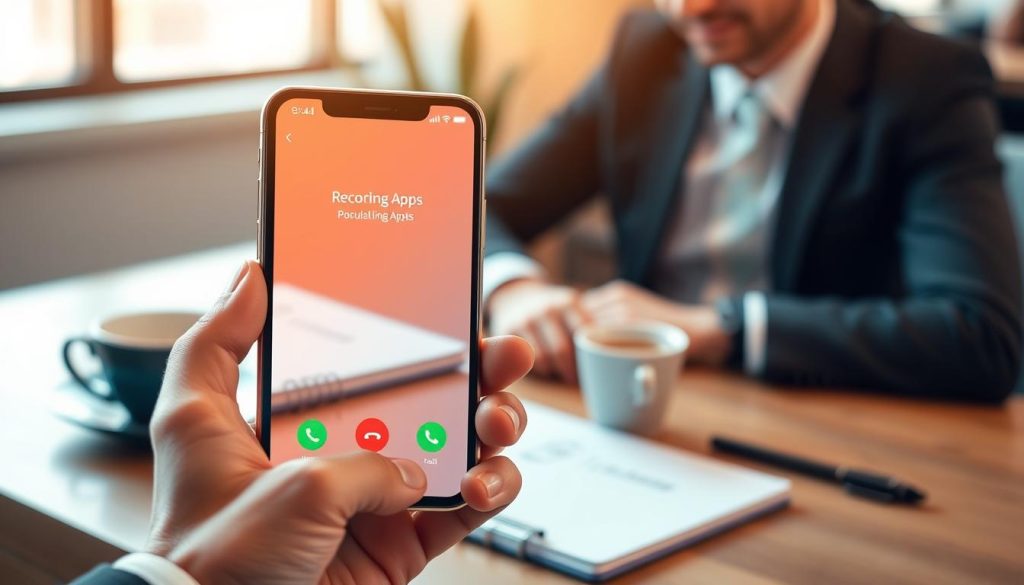 A sleek, modern iPhone is prominently displayed in the foreground, showing a vibrant screen showcasing popular call recording apps. The phone is held in a professional hand, dressed in a smart business attire, emphasizing a focus on productivity. In the middle ground, a blurred, stylish workspace is visible, with a notebook, a cup of coffee, and a laptop, hinting at an organized and efficient environment. The background features soft, warm lighting filtering through a window, creating an inviting and professional atmosphere. The scene captures a sense of innovation and technology, with a slight depth of field effect to draw attention to the iPhone and its screen. The overall mood is one of capability and modernity, suitable for a tech-savvy audience.