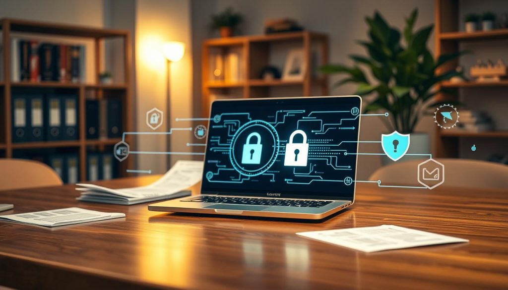 A sleek, modern laptop sits prominently in the foreground on a polished wooden desk, showcasing a lock icon displayed on the screen to symbolize data security. Surrounding the laptop are various cybersecurity elements, such as a digital padlock, encrypted data streams represented by glowing lines, and a shield symbol, all suggesting robust information protection. In the middle ground, soft-focus documents with security checklists and digital security tools can be seen. The background features a softly lit office environment with shelves holding technology books and a potted plant for a touch of freshness. The lighting is warm and inviting, creating a professional and secure atmosphere, with a slight depth of field effect that draws attention to the laptop as the central focus.