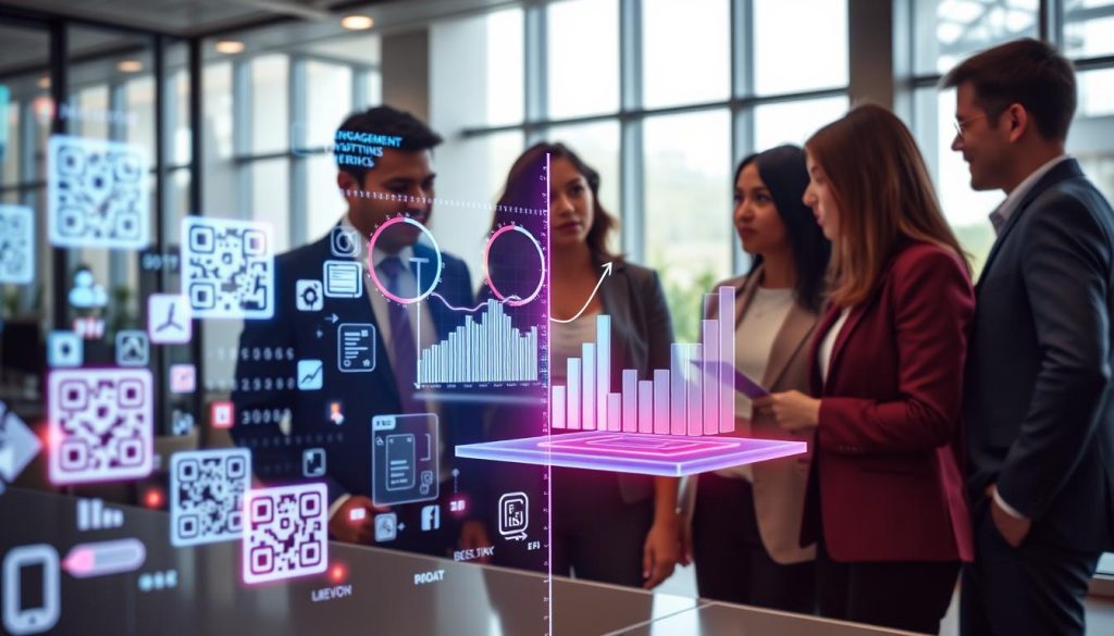A sleek, modern office environment serves as the backdrop, with soft natural light filtering through large windows. In the foreground, a dynamic digital interface displays various QR codes, dynamically morphing and changing. A diverse group of professionals in smart casual attire, engaged in discussion, observe the data being represented. The middle ground features floating holographic charts and graphs illustrating engagement metrics, glowing in vibrant hues. The atmosphere is focused and innovative, highlighting the intersection of technology and business. A slight depth of field blurs the office scenery in the background, emphasizing the data analysis in the foreground. The composition captures a sense of collaboration and forward-thinking in the realm of dynamic codes.