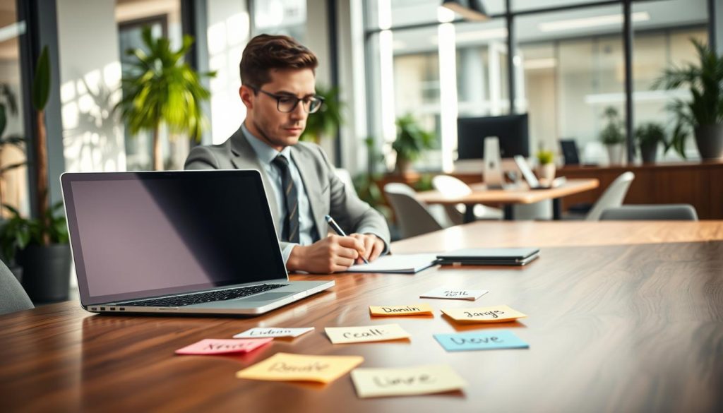 A sleek, modern workspace featuring a polished wooden desk with a high-end laptop displaying a creative domain name brainstorming session. In the foreground, a professional business individual, dressed in smart casual attire, is taking notes, looking thoughtfully at the laptop. In the middle ground, several colorful sticky notes are scattered across the desk, each with potential domain names scribbled on them, indicating a lively brainstorming process. The background shows a soft-focus modern office environment with greenery and professional decor, promoting a creative atmosphere. Natural lighting filters through a large window, creating a warm and inviting ambiance. The composition conveys a sense of focus and innovation, making the viewer feel inspired about choosing a memorable domain name.