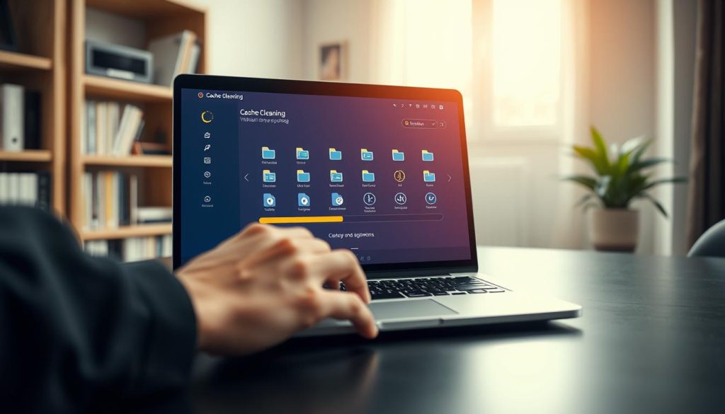 A sleek workspace featuring a modern laptop open to a colorful cache cleaning application interface. In the foreground, a pair of hands interacting with the touchpad, highlighting the urge for efficient file management. The middle showcases organized digital file icons and a progress bar indicating the cleaning process, surrounded by small icons symbolizing various file types like documents, images, and videos. The background includes a softly lit room with a blurred bookshelf and plant, creating a calm and focused atmosphere. Natural light streams in through a window, giving a warm glow to the scene. The angle captures an inviting perspective, emphasizing productivity and organization in the digital realm, while maintaining a professional vibe. A sleek workspace featuring a modern laptop open to a colorful cache cleaning application interface. In the foreground, a pair of hands interacting with the touchpad, highlighting the urge for efficient file management. The middle showcases organized digital file icons and a progress bar indicating the cleaning process, surrounded by small icons symbolizing various file types like documents, images, and videos. The background includes a softly lit room with a blurred bookshelf and plant, creating a calm and focused atmosphere. Natural light streams in through a window, giving a warm glow to the scene. The angle captures an inviting perspective, emphasizing productivity and organization in the digital realm, while maintaining a professional vibe.