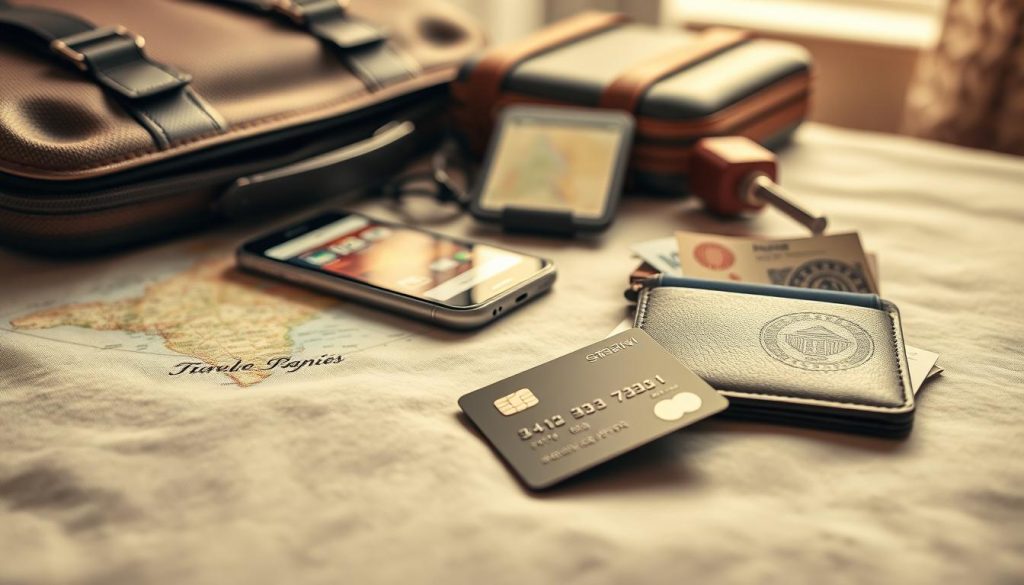 A stylish flat lay composition showcasing a credit card, a stylish travel wallet, and various currencies on a soft surface like a wooden table. In the foreground, the credit card is prominently displayed, angled to catch light, with the travel wallet slightly open beside it, revealing a few documents and travel essentials. In the middle, a map and a smartphone displaying travel apps subtly remind viewers of financial planning while traveling. The background features a blurred view of travel gears like a suitcase and a passport. The lighting is warm and inviting, evoking a cozy atmosphere, ideal for freelancers looking to save money on their trips. The image should convey a sense of organization and financial savvy.