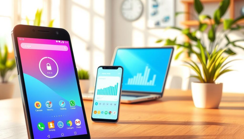 A vibrant and engaging digital illustration showcasing various Android cleaning applications in action. In the foreground, depict a sleek Android smartphone displaying a colorful app interface with clean icons and charts representing memory optimization. The middle ground features a cozy workspace with a modern desk setup, including a laptop and potted plants, exuding a tidy and organized atmosphere. The background displays soft-focus elements of a bright, sunny room with natural light streaming through a window, enhancing the cleanliness theme. Use a warm color palette to convey a sense of efficiency and satisfaction. Capture the scene from a slightly elevated angle, creating depth while maintaining focus on the smartphone and app interfaces. A vibrant and engaging digital illustration showcasing various Android cleaning applications in action. In the foreground, depict a sleek Android smartphone displaying a colorful app interface with clean icons and charts representing memory optimization. The middle ground features a cozy workspace with a modern desk setup, including a laptop and potted plants, exuding a tidy and organized atmosphere. The background displays soft-focus elements of a bright, sunny room with natural light streaming through a window, enhancing the cleanliness theme. Use a warm color palette to convey a sense of efficiency and satisfaction. Capture the scene from a slightly elevated angle, creating depth while maintaining focus on the smartphone and app interfaces.