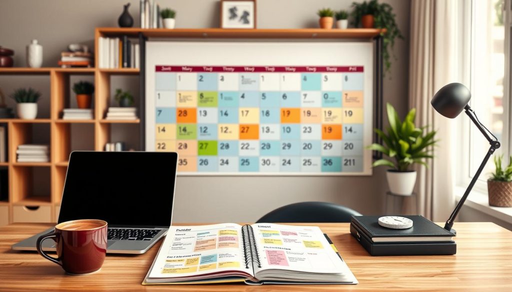A vibrant and organized editorial calendar for a blog, displayed prominently on a contemporary desk. The foreground features a neatly arranged desk with a laptop, coffee cup, and a stylish planner open to a monthly view filled with colorful notes and reminders. In the middle ground, a large wall-mounted calendar, showcasing scheduled blog post dates in various colors, reflects a structured timeline. The background includes soft-focus shelves filled with books and decorative plants, giving a creative, inspiring work environment. Soft, natural daylight streams through a nearby window, creating a warm and inviting atmosphere. The mood is productive and focused, ideal for fostering content creation and consistency. No text or branding elements are present in the scene.