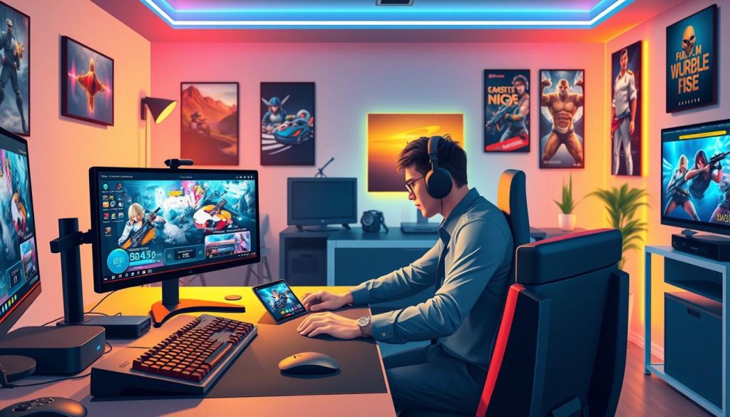 A vibrant digital illustration depicting a modern gaming setup showcasing the benefits of Wi-Fi 7 for gamers and streamers. In the foreground, a sleek gaming desk cluttered with high-end peripherals like a mechanical keyboard, gaming mouse, and dual monitors displaying colorful game graphics and streaming interfaces. The middle ground features a professional gamer in business casual attire, focused on gameplay, surrounded by smart devices like a smartphone and a tablet displaying internet speeds. In the background, a stylish room with ambient LED lighting, posters of popular games, and a network router to symbolize high-speed connectivity. Soft, warm lighting enhances the atmosphere, creating an inviting and energetic mood, emphasizing the advantages of fast internet for immersive gaming and streaming experiences. A vibrant digital illustration depicting a modern gaming setup showcasing the benefits of Wi-Fi 7 for gamers and streamers. In the foreground, a sleek gaming desk cluttered with high-end peripherals like a mechanical keyboard, gaming mouse, and dual monitors displaying colorful game graphics and streaming interfaces. The middle ground features a professional gamer in business casual attire, focused on gameplay, surrounded by smart devices like a smartphone and a tablet displaying internet speeds. In the background, a stylish room with ambient LED lighting, posters of popular games, and a network router to symbolize high-speed connectivity. Soft, warm lighting enhances the atmosphere, creating an inviting and energetic mood, emphasizing the advantages of fast internet for immersive gaming and streaming experiences.