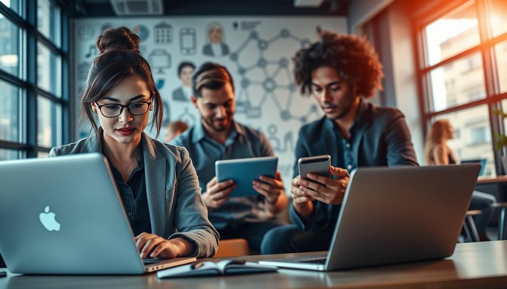 A vibrant urban workspace featuring a diverse group of young professionals using laptops and smartphones. In the foreground, a focused woman in smart casual attire analyzes social media insights on her laptop, with colorful graphs displayed on the screen. In the middle, a man shares his screen with a colleague, highlighting social media strategies on a tablet. The background showcases a wall with illustrations of popular social media icons and interconnected phone links, symbolizing network growth. Atmospheric lighting from large windows casts a warm glow, creating an energetic and collaborative mood. The image encapsulates the essence of leveraging social media to enhance affiliate marketing links, with a modern and professional aesthetic.