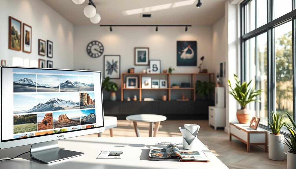 A vibrant virtual store showcasing stunning landscape and object photography. In the foreground, a sleek, modern computer screen displays a captivating portfolio of high-quality images. The middle ground features an organized digital workspace with promotional materials like brochures and social media mockups. The background includes a stylish, minimalistic office environment adorned with artful decorations. Soft, natural lighting streams through a large window, creating a warm and inviting atmosphere. The scene conveys a sense of professionalism and creativity, with an emphasis on marketing strategies. The image should evoke the idea of innovative ways to promote photography, highlighting the beauty of nature and objects through compelling visuals. A vibrant virtual store showcasing stunning landscape and object photography. In the foreground, a sleek, modern computer screen displays a captivating portfolio of high-quality images. The middle ground features an organized digital workspace with promotional materials like brochures and social media mockups. The background includes a stylish, minimalistic office environment adorned with artful decorations. Soft, natural lighting streams through a large window, creating a warm and inviting atmosphere. The scene conveys a sense of professionalism and creativity, with an emphasis on marketing strategies. The image should evoke the idea of innovative ways to promote photography, highlighting the beauty of nature and objects through compelling visuals.