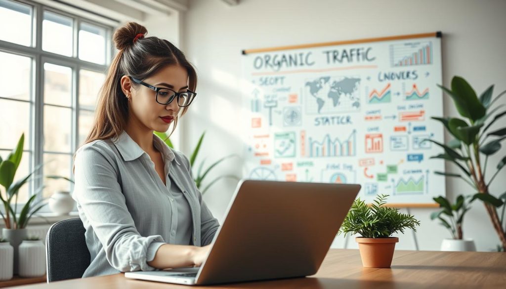 A vibrant workspace scene representing organic traffic strategies. In the foreground, a professional woman in smart casual attire, deeply engaged with her laptop, analyzing data on website traffic. In the middle ground, visualize a large whiteboard filled with colorful notes, charts, and strategic diagrams illustrating various organic traffic methods, such as SEO, content creation, and social media engagement. In the background, a calm and bright office environment with green plants and soft sunlight filtering through large windows, creating a warm and productive atmosphere. The lighting should be soft and inviting, emphasizing focus and clarity. Capture a sense of motivation and creativity, highlighting the potential for growth in affiliate marketing.