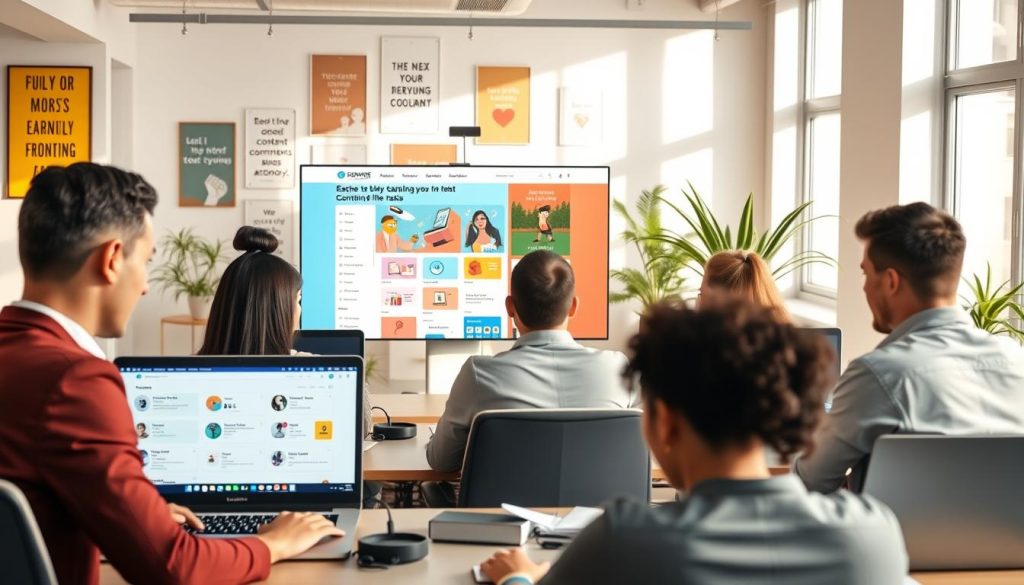 A visually engaging digital workspace depicting various tasks being performed online. In the foreground, a diverse group of individuals in professional attire attentively work on laptops, showcasing collaboration. Their screens display images of task lists, simple graphics, and icons representing different micro tasks like surveys, data entry, and content moderation. In the middle ground, a large monitor shows a colorful, user-friendly interface of a microtasks website, emphasizing simplicity and accessibility. The background features a bright, modern office environment with motivational posters and indoor plants, creating a productive atmosphere. Soft, natural lighting filters through large windows, casting warm shadows. The overall mood is focused and industrious, representing an uplifting workspace where earning dollars through microtasks is achievable.